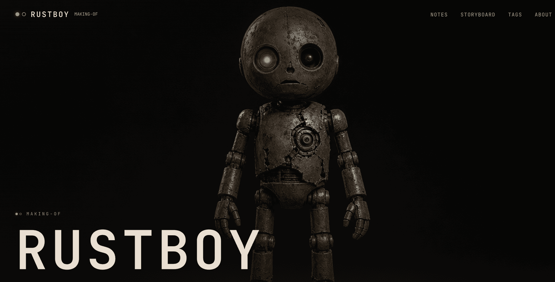 Rusty humanoid robot Rustboy with one glowing green eye, standing against a black background.